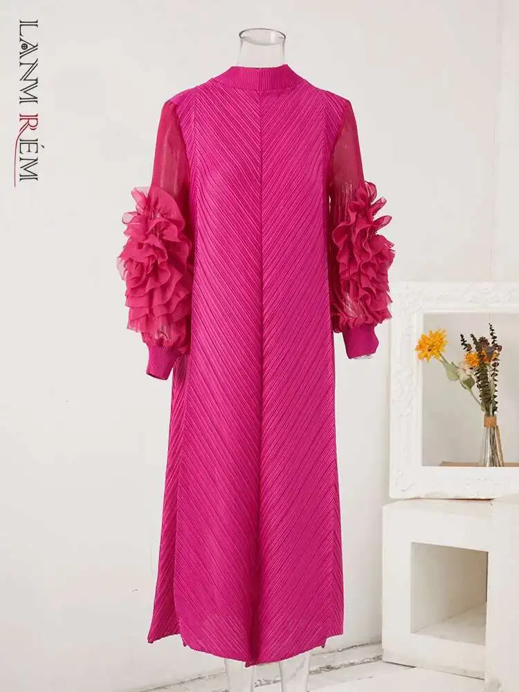 Lanmrem Maxi Pleated Dress Round Neck Spliced Fungus Full Sleeve Dresses For