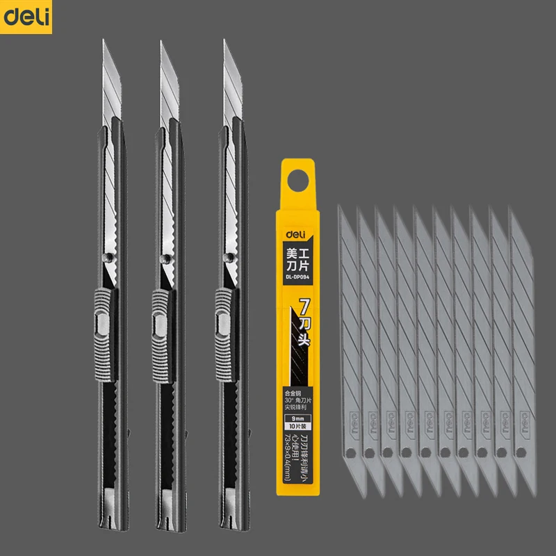 Deli 9mm Black Utility Knife 30 Degree Sharp Carbon Steel Snap Off Sk5 Blades