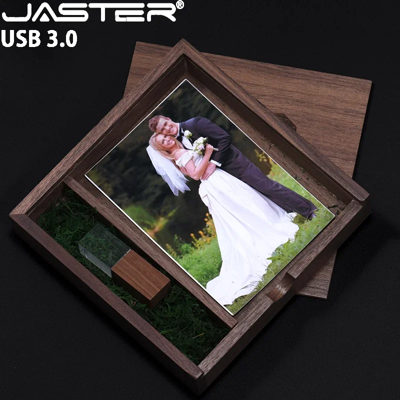 Jaster USB 3.0 Flash Drive Crystal Walnut Wood Box Pen Drive Free Custom Logo