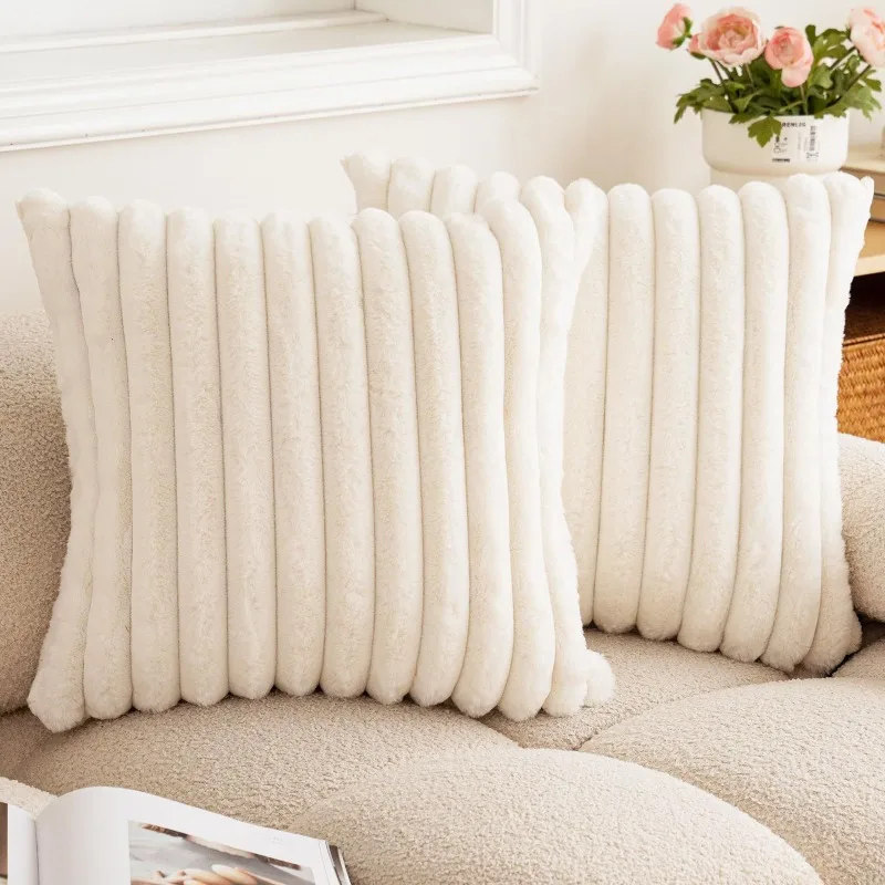 Faux Rabbit Fur Square Cushion Cover Big Thick Striped Super Soft Solid Color