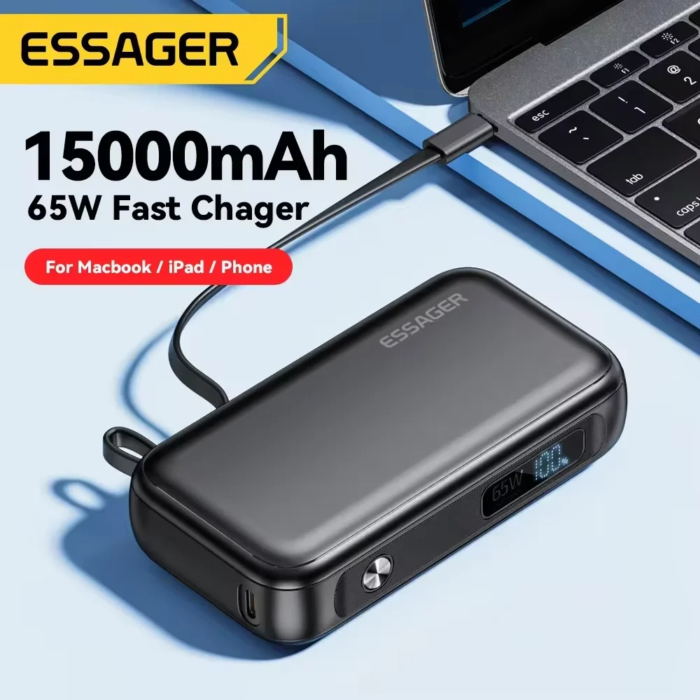 Essager Power Bank Portable 15000mah In With USB C Cable External Spare Battery