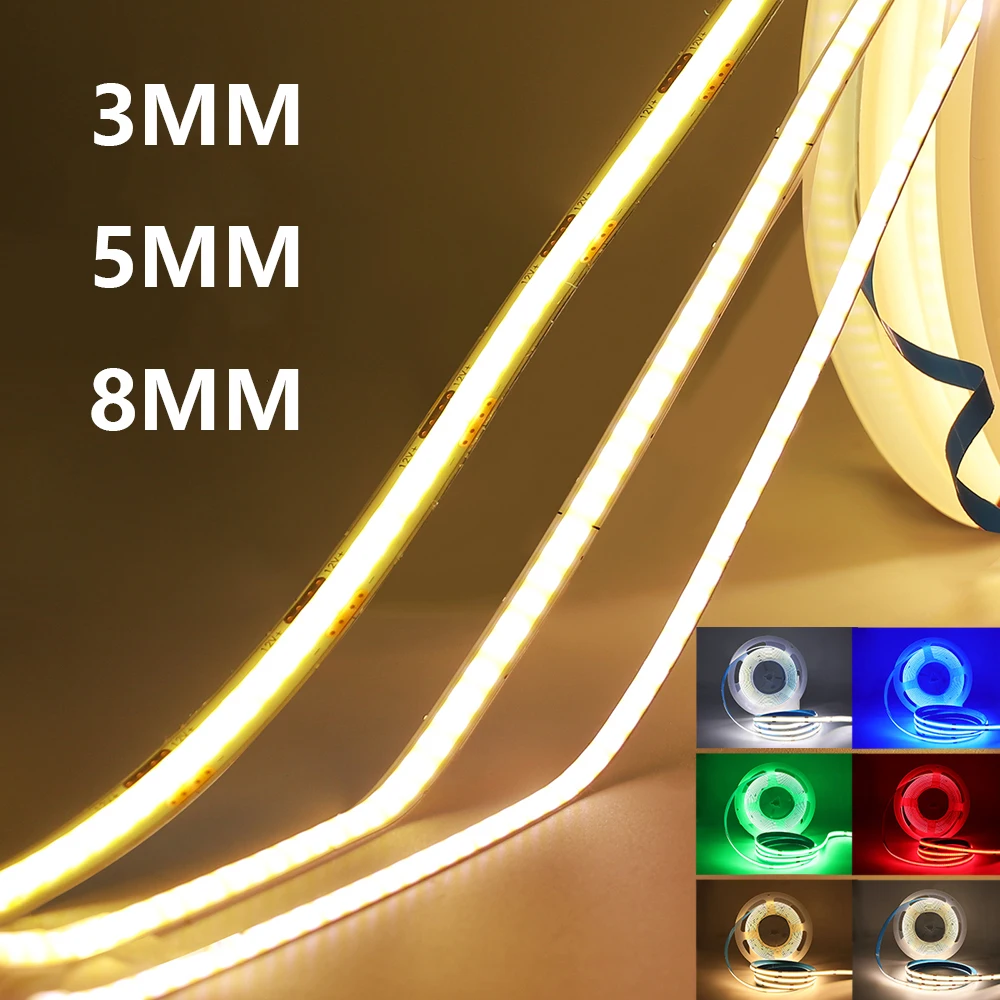 3mm 5mm 8mm Pcb Cob LED Strip Light 5v 12v 24v 320leds/m High Brightness