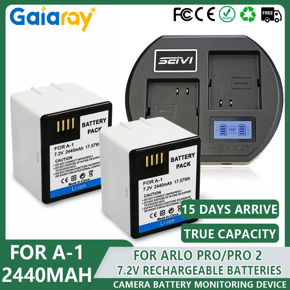 7.2V 2440mAh Rechargeable Lithium Battery Pack with 5V LED Dual Fast Charger For Arlo PRO / PRO 2 NETGEAR A-1 Camera Batteries - available at Build It Smart UK