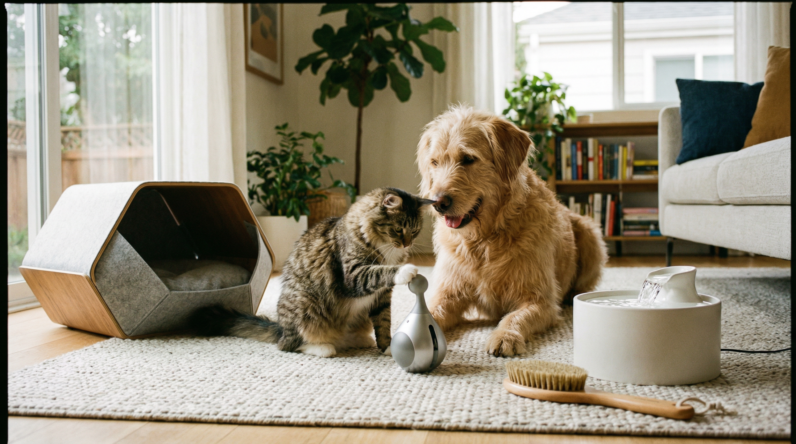 Golden retriever and tabby cat surrounded by modern pet accessories including bed, water fountain, grooming brush, and toys - Build It Smart pet accessories guide