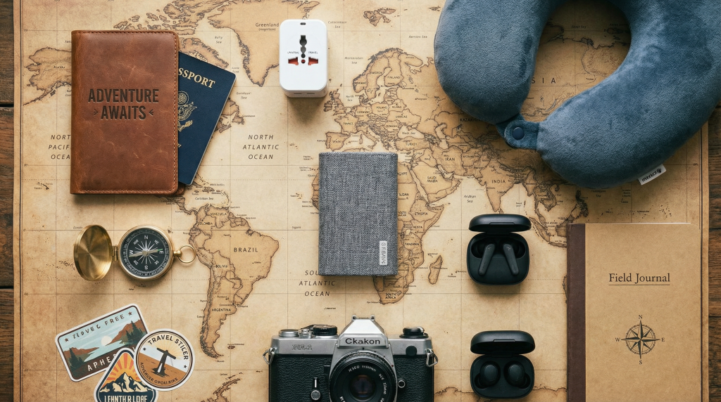 Travel essentials flat lay on world map including universal adapter, neck pillow, power bank, passport holder, and noise-cancelling earbuds - Build It Smart travel gadgets guide
