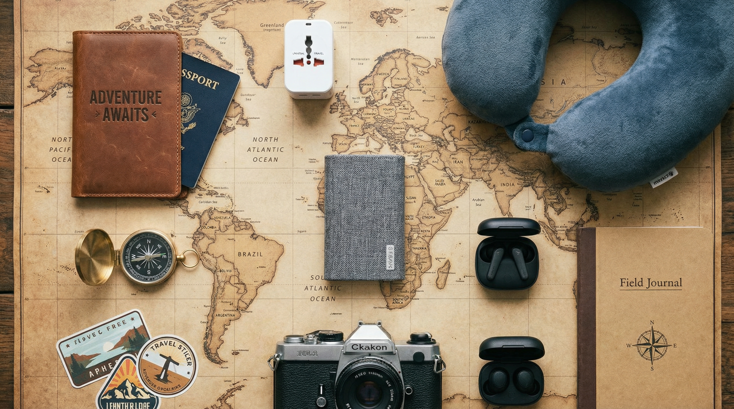 Travel essentials flat lay on world map including universal adapter, neck pillow, power bank, passport holder, and noise-cancelling earbuds - Build It Smart travel gadgets guide