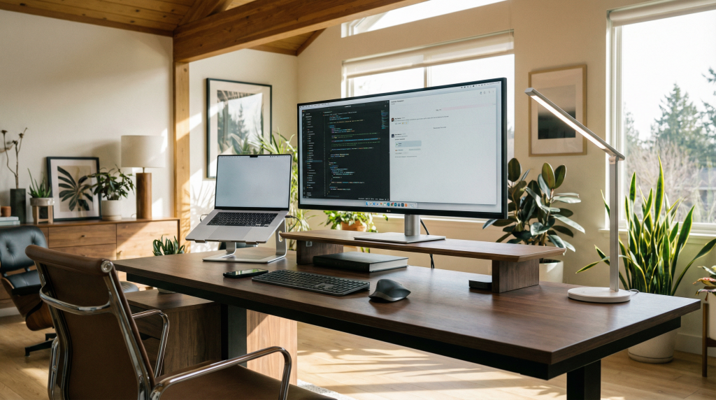 Stylish home office setup with monitor on riser, ergonomic mouse, wireless keyboard, and LED desk lamp - Build It Smart work from home essentials guide