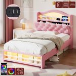 3ft Single Upholstered Velvet Bed Frame, LED Bed Frame With Charging Station & Diamond Tufted Headboard, Concealed Headboard Storage With USB And Type - C Ports, Easy Assembly, Pink No Mattress