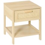 Nightstand With Rattan Drawer And Storage Shelf, Bedside End Table For Bedroom, Living Room