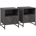 Bedside Table With Drawer And Shelf, Side End Table With Steel Legs For Living Room, Bedroom, Set Of 2, Dark Grey